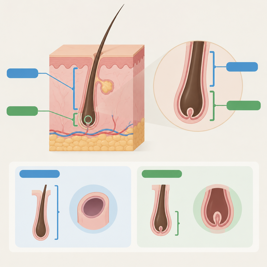 AI 생성 설명 이미지: 파주 브라질리언왁싱 도도라인왁싱 파주운정본점 | 모낭과 모근, 제모 설명에서 구분하는 법