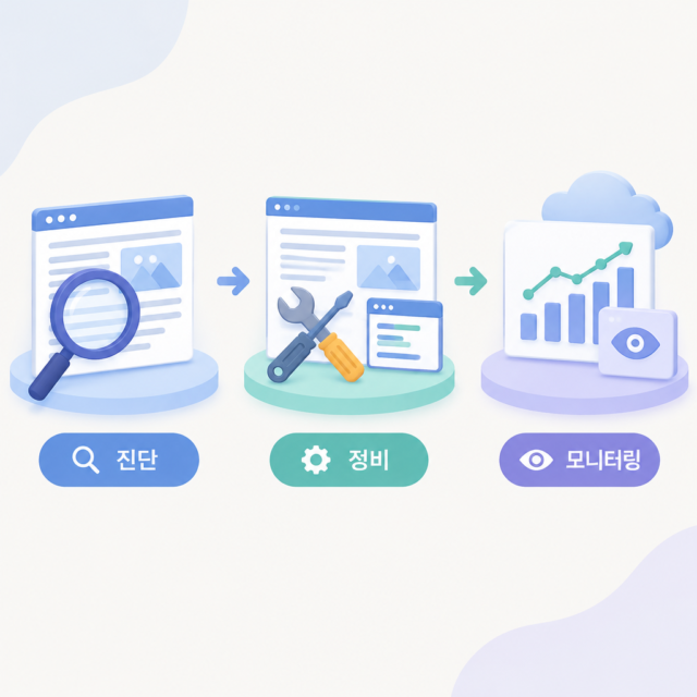 AI 생성 설명 이미지: GEO 세팅 해주는곳 AI SGAEO | 진단·정비·모니터링의 작업 차이