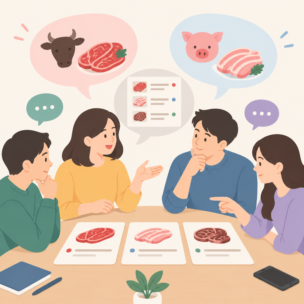AI 생성 설명 이미지 1: 안산일동맛집 모임 주문, 취향 다른 고기를 어떻게 나눌까?